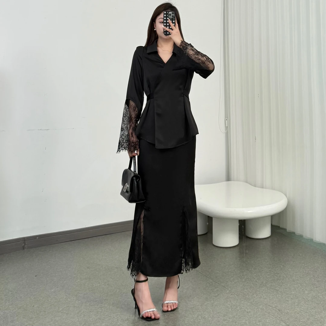 HEBAODAN【缪斯气场】长袖御姐干练气质收腰黑色缎面蕾丝长裙套装