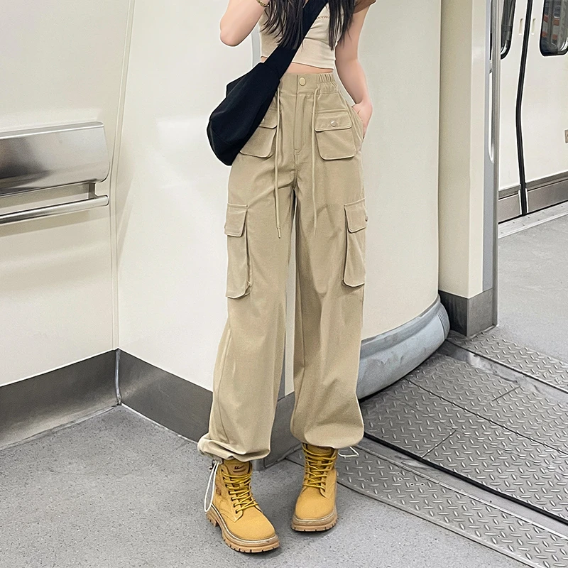 美式工装裤女2025春夏新款高腰直筒垂感休闲运动凉感阔腿束脚卫裤