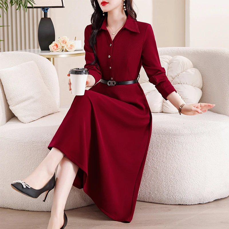 安哥拉红圣诞红色费尔岛送皮带收腰有口袋减龄显瘦衬衣领连衣裙