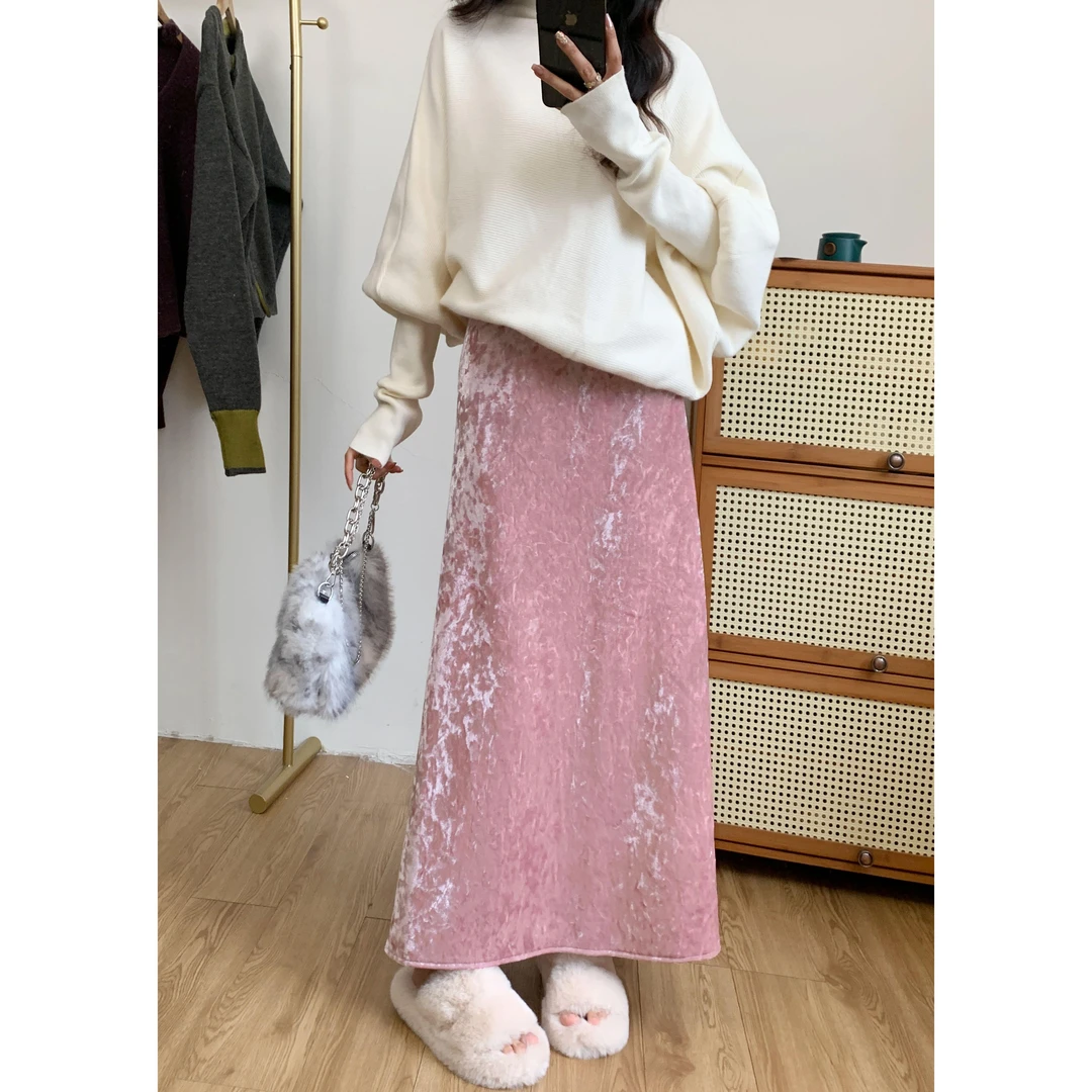 粉色金丝绒加绒保暖半身裙女秋冬装高腰显瘦垂感大摆a字鱼尾长裙