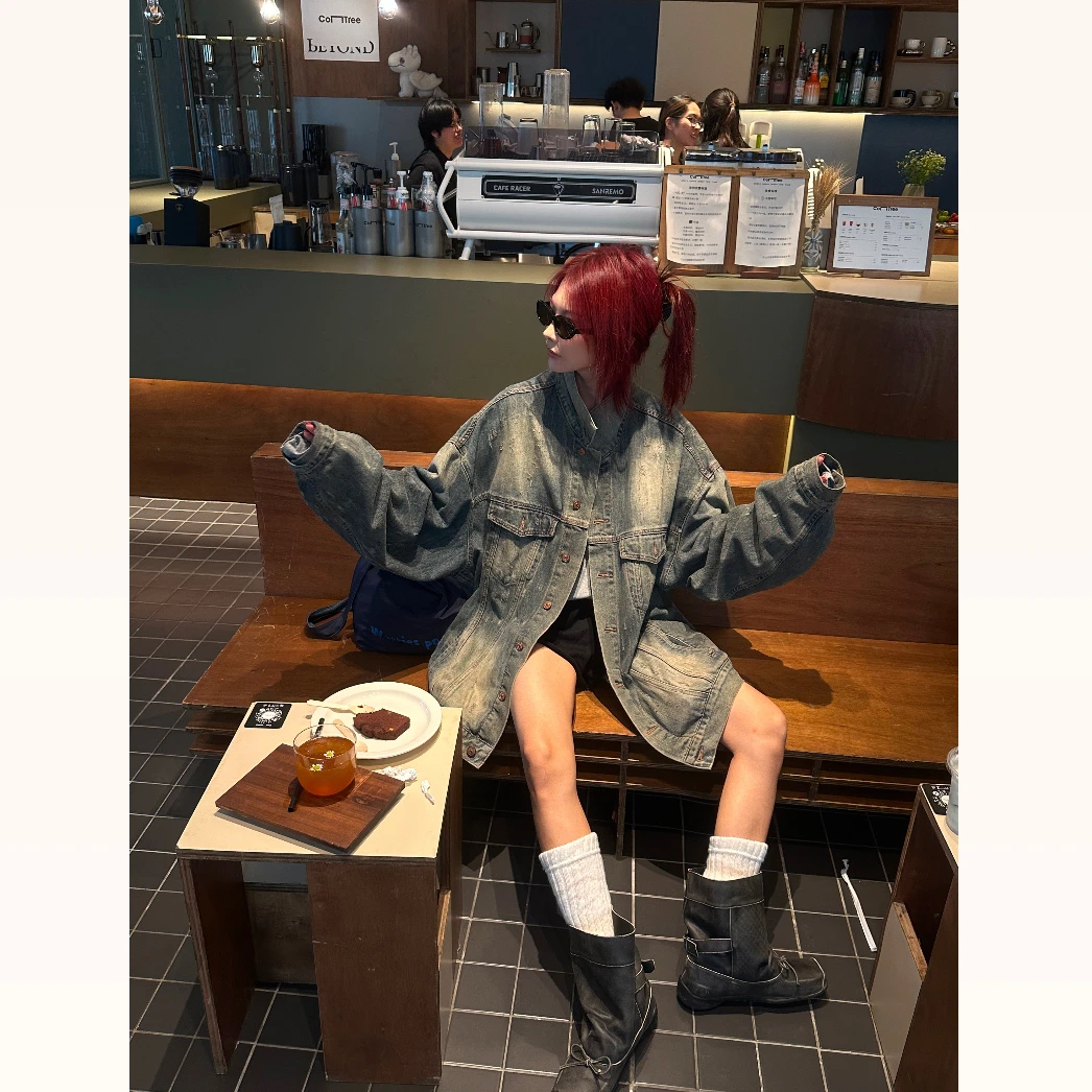 【一只鱼】做旧洗水重工超大版休闲百搭牛仔外套女