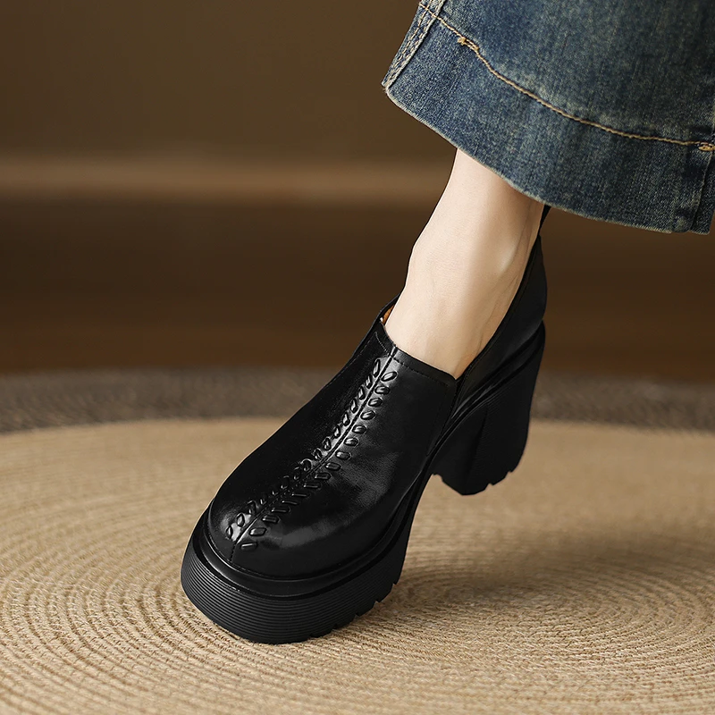 玥小姐真皮女鞋粗跟厚底防水台深口单鞋小个子增高10cm高跟乐福鞋