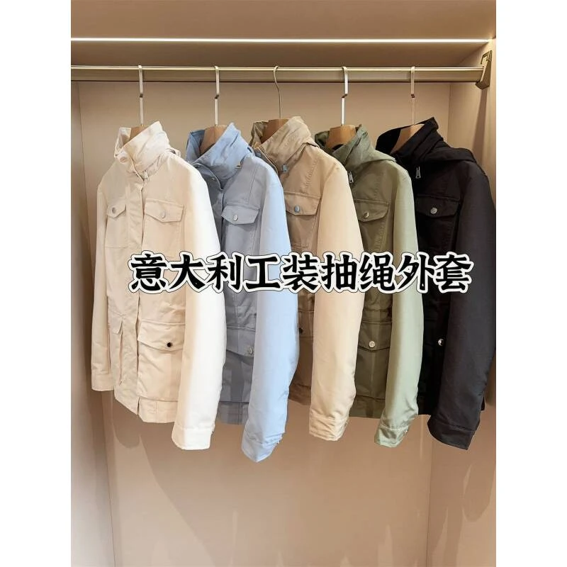 意大利单  工装口袋立领连帽外套女