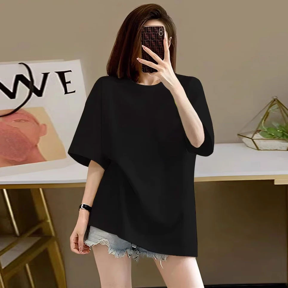 黑色宽松纯棉内搭短袖T恤女2025夏季新款欧货大版简约上衣打底衫M