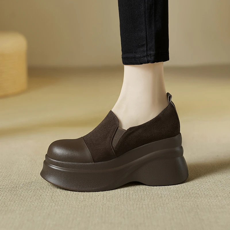 9cm松糕女鞋厚底深口单鞋新款圆头真皮复古高跟坡跟鞋小个子皮鞋