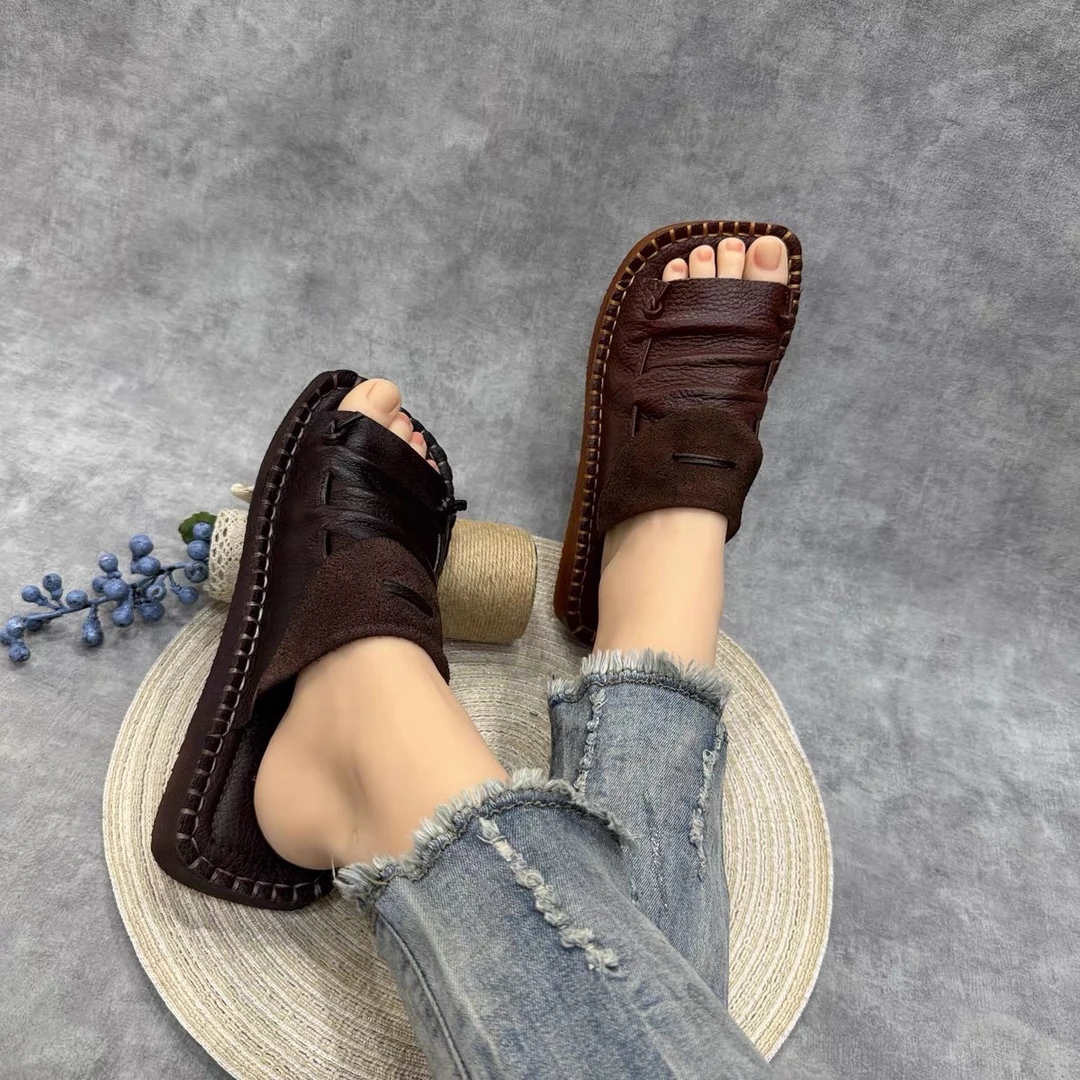 1319-105夏季新款真皮百搭平底一字拖复古风时尚软底凉拖鞋