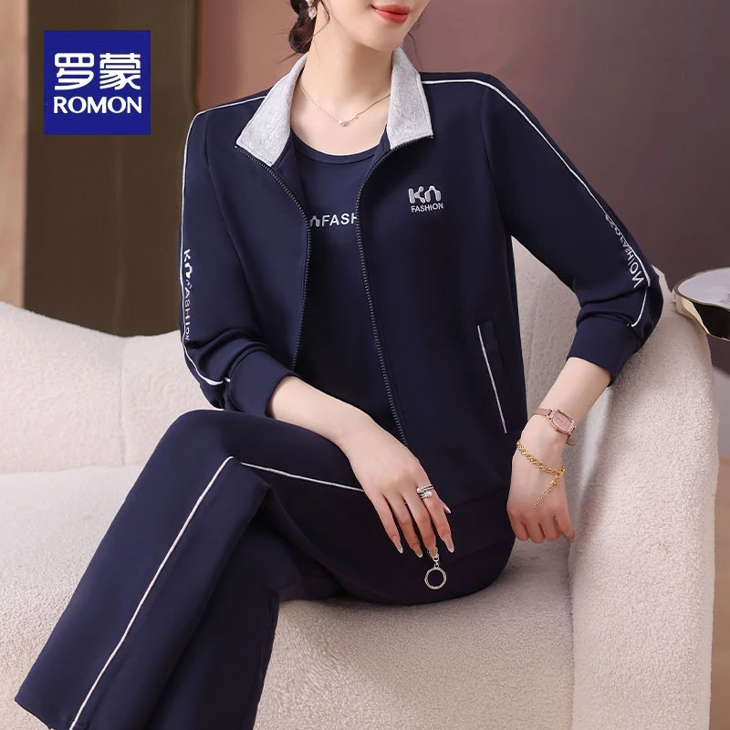 罗蒙妈妈秋装运动服套装2025新款中老年春秋外套休闲上衣三件套女
