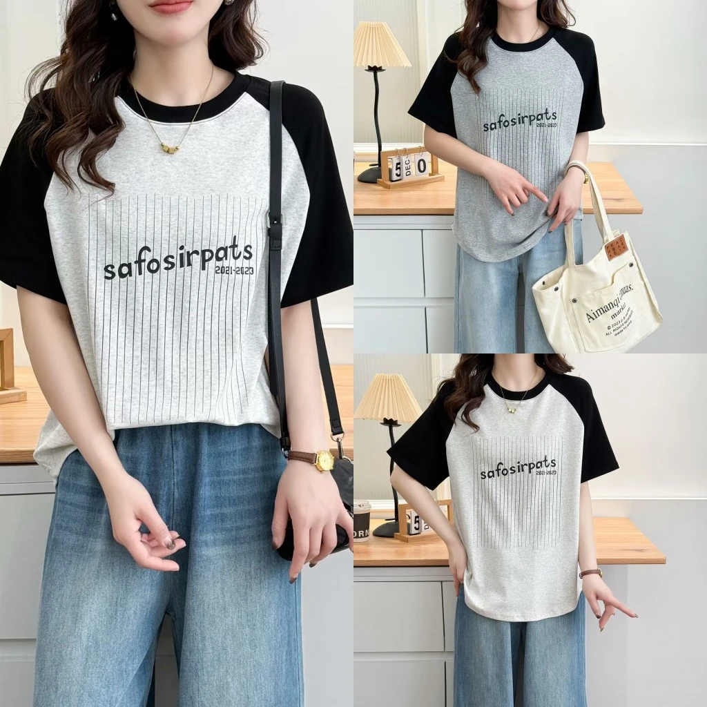 大码胖mm减龄显瘦拼色字母印花圆领T恤夏季新款正肩百搭韩系上衣