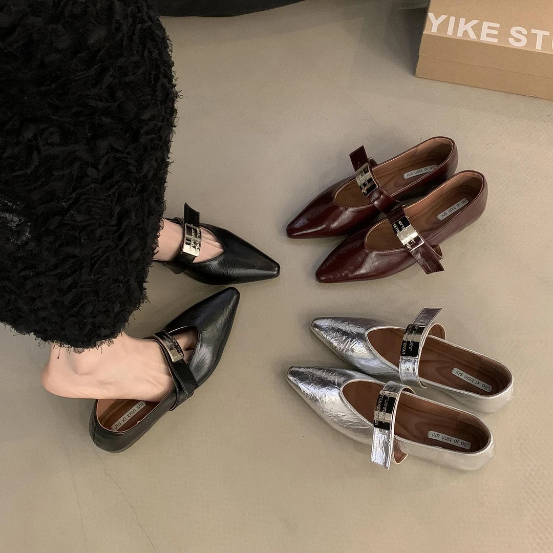 法式内增高单鞋女鞋子新款春夏季一字带晚风尖头银色玛丽珍鞋