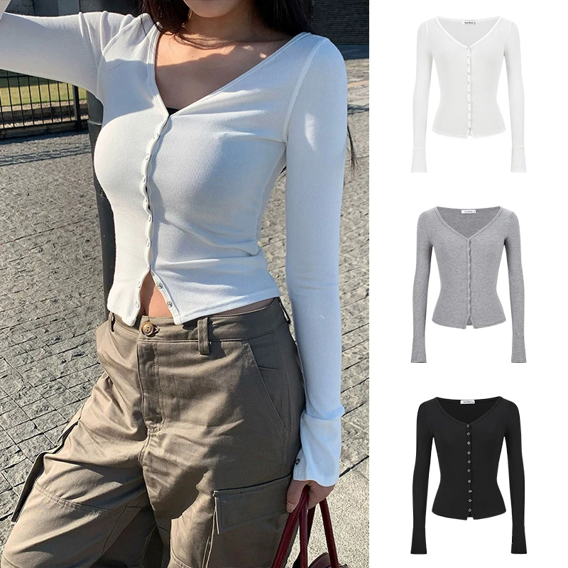 Moses Queen/魔西女王掐腰V领排扣针织开衫纯欲辣妹短款长袖上衣