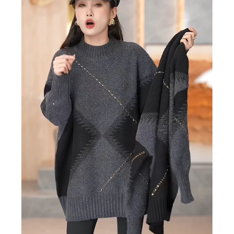 欧货时尚拼色烫钻毛衣女2025新款半高领中长款大码时尚百搭针织衫