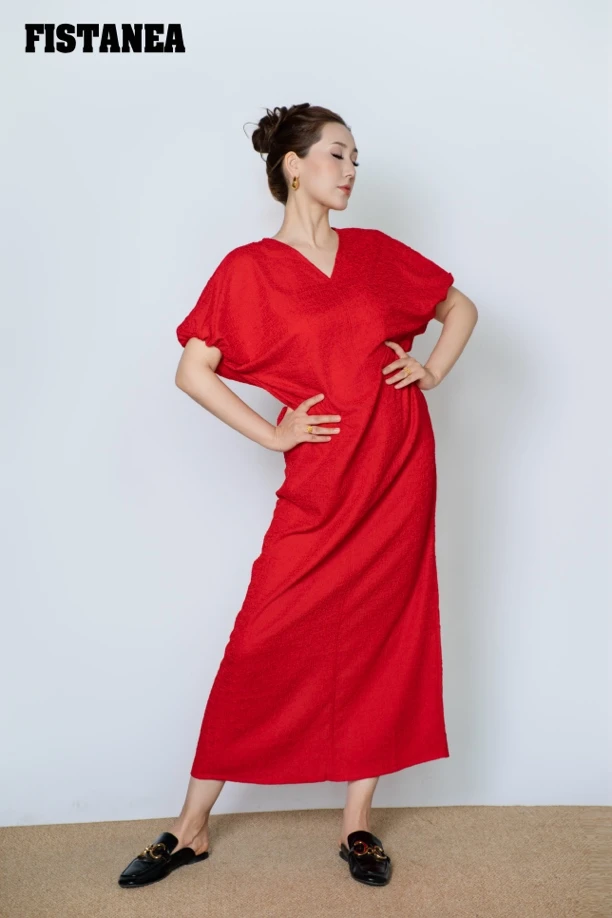 【FISTANEA 妃丝塔纳】新款波纹红收腰长款旅游度假风遮肉连衣裙