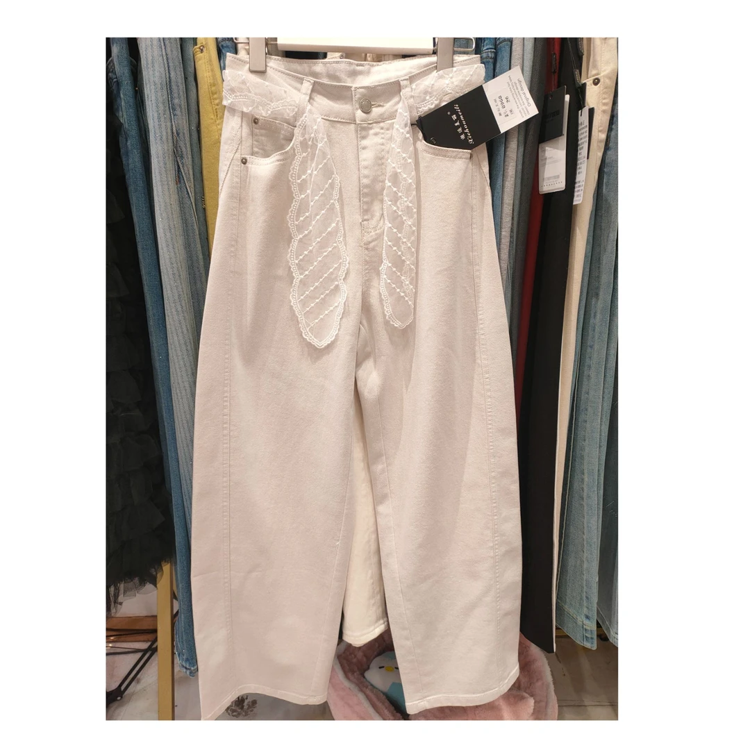 欧货2025春季新款高腰蕾丝腰带显瘦直筒阔腿裤女