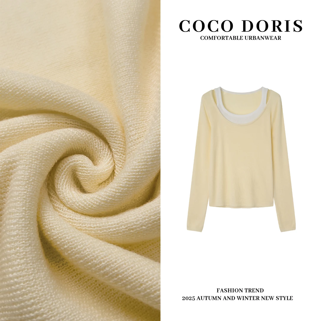 COCO DORIS 早春撞色假两件低圆领针织衫通勤气质百搭上衣5206