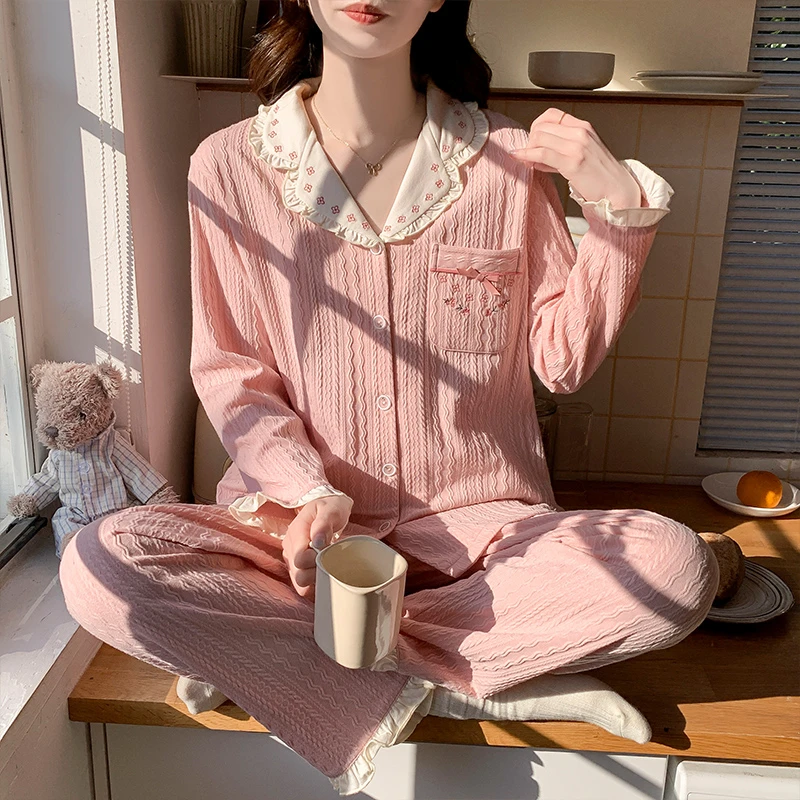 提花棉睡衣女士2025年春秋季新款简约蝴蝶结长袖长裤两件套家居服