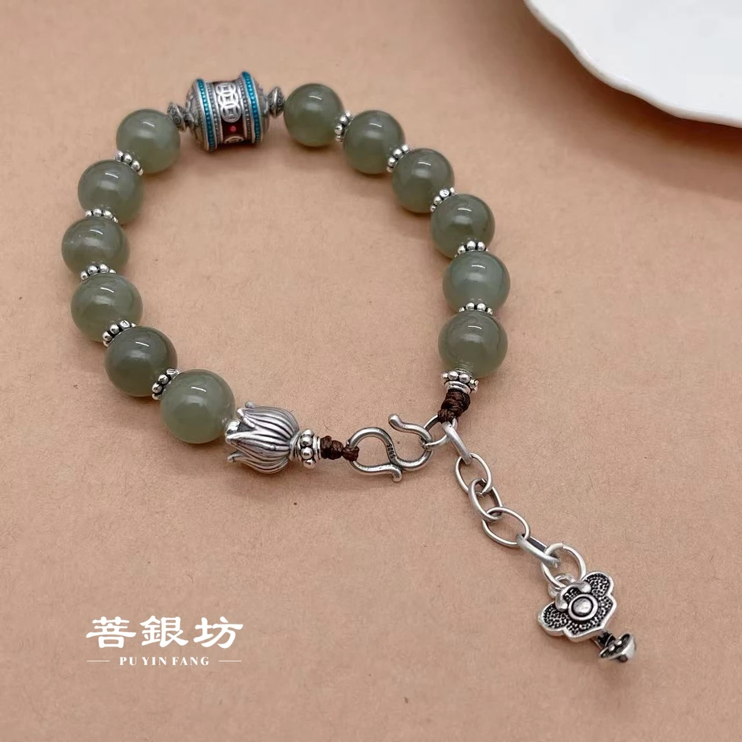【菩银坊】925银和田玉珐琅彩钱币路路通如意手链，珠子10mm 17+5cm