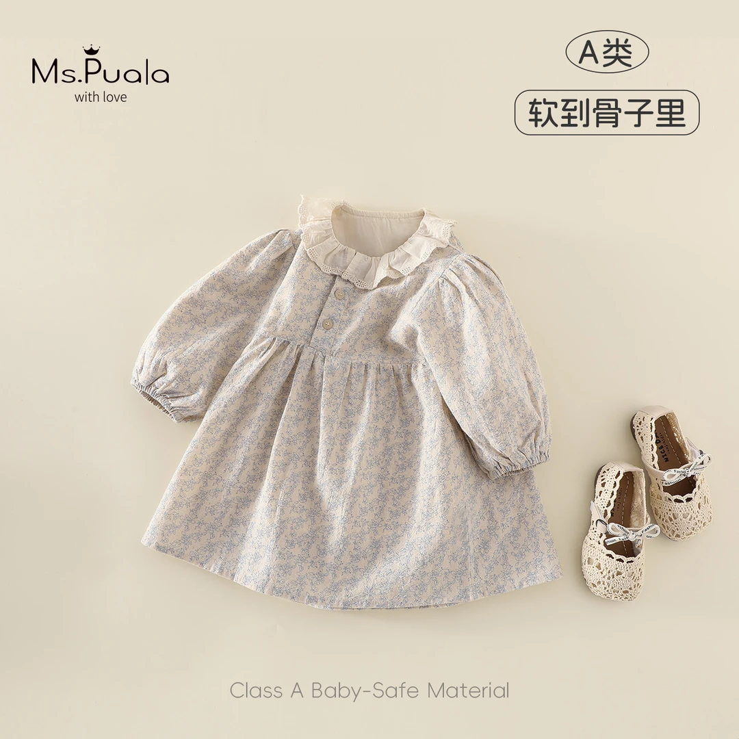 【MsPuala秋日圆舞曲】婴幼儿童装女宝连衣裙复古蓝白碎花长袖裙子