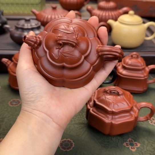 曾***牛紫砂茶壶六方海棠竹鼓朱泥