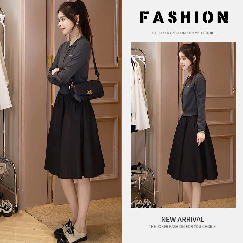 早春一整套女装2025新款韩版休闲灰色小众针织开衫高腰长裙两件套