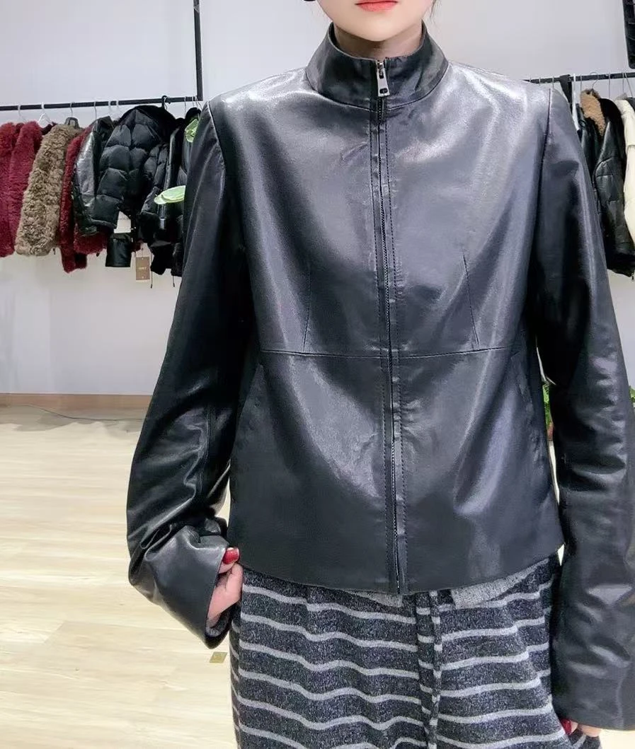 立领短款皮衣外套网红时尚休闲百搭女士黑色真皮春季【85902】