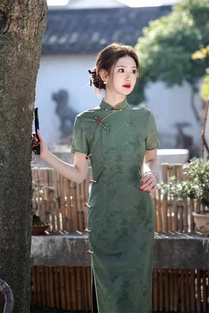 气质前短后长旗袍旗袍中长款常规复古新中式印花提花中式夏季