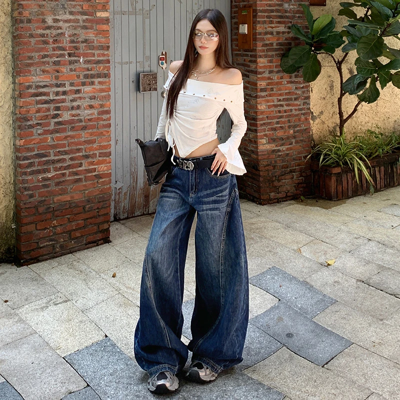 深蓝抓痕弯刀牛仔裤女美式复古水洗宽松阔腿拖地裤子