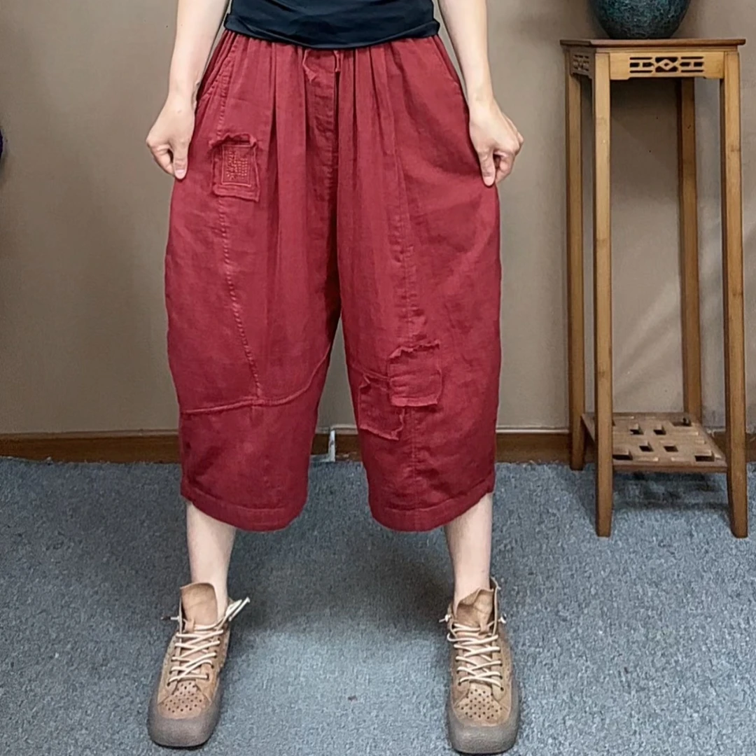 ZX012夏季轻薄透气柔软棉纱七分裤大码休闲刺绣阔腿女裤长72宽130