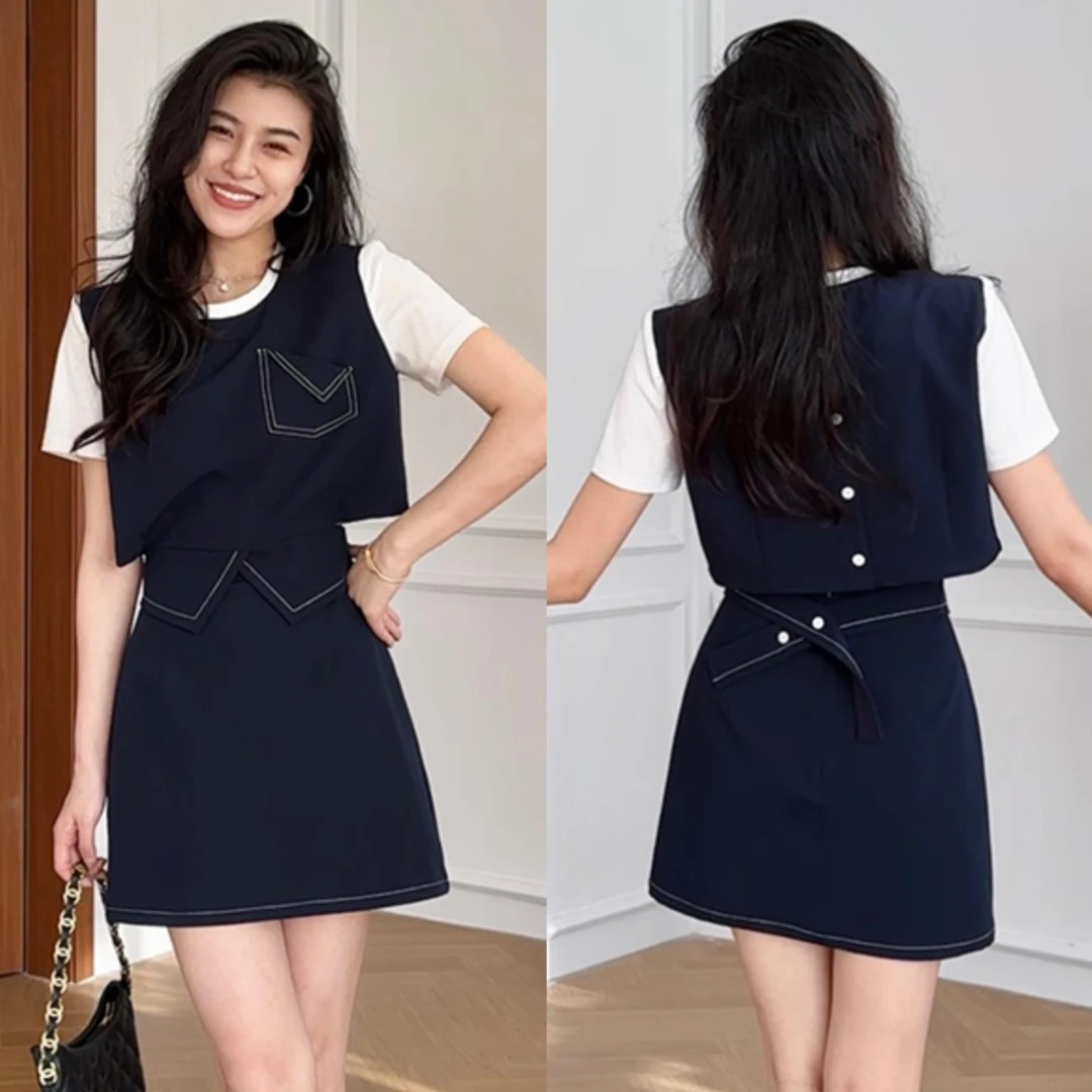 阿星【睿智老钱】立体版型明线假两件T恤+显瘦裙裤半身裙夏装两件套