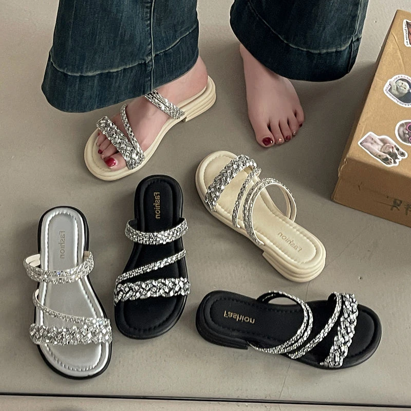 时尚百搭水钻套趾仙女风绝美拖鞋女2025夏季外穿网红两穿粗跟凉鞋