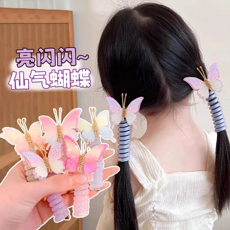 新款女童蝴蝶电话线头绳儿童可爱泡泡辫发圈女孩扎头马尾发绳