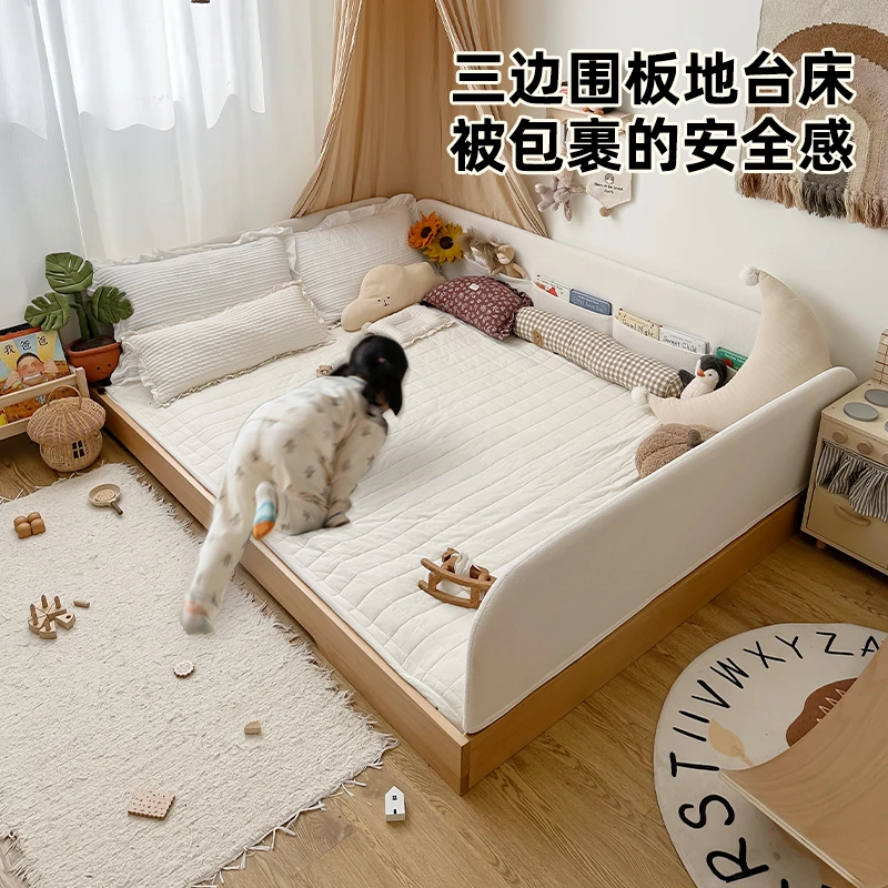 蒙氏地台床儿童床男孩女孩小户型榻榻米地板床全实木带护栏公主床
