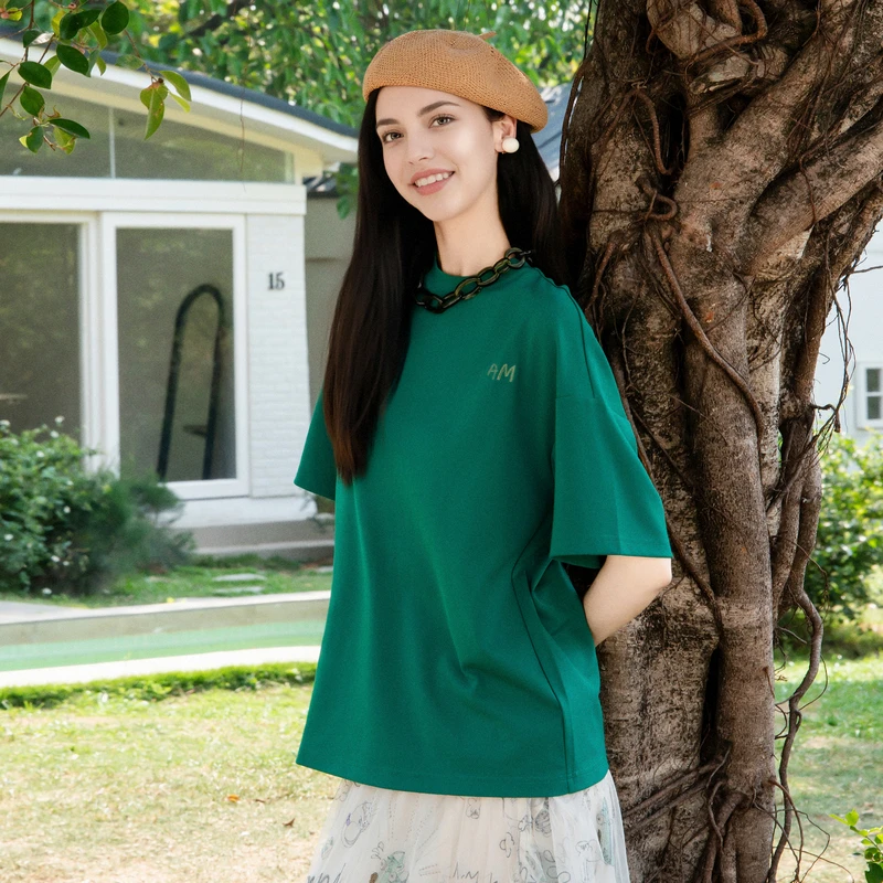 谜底绿色T恤短袖女2025夏季新款后背印花宽松圆领上衣256MT6213