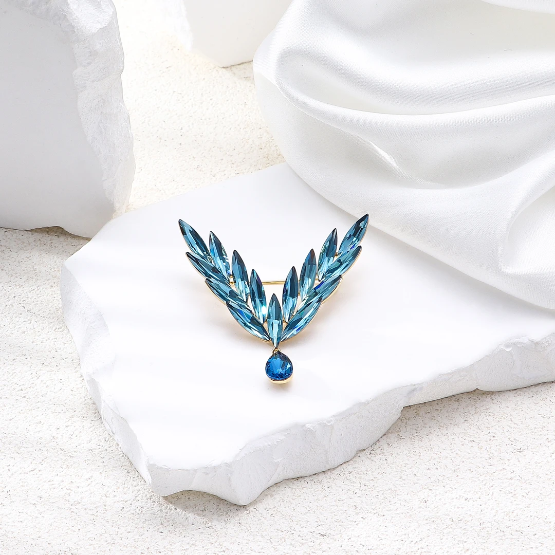 Tender Jinger 铜合金胸针 新款神秘蓝水晶羽毛水滴胸针
