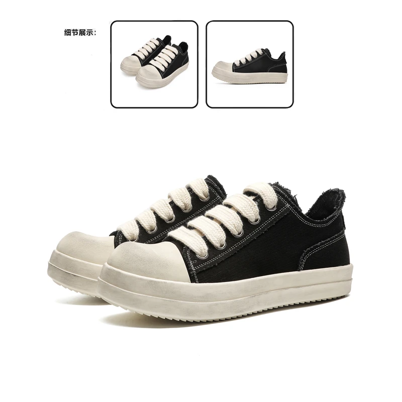 RO鞋子男夏季新款透气做旧脏脏帆布鞋潮流百搭粗鞋带暗黑风板鞋子