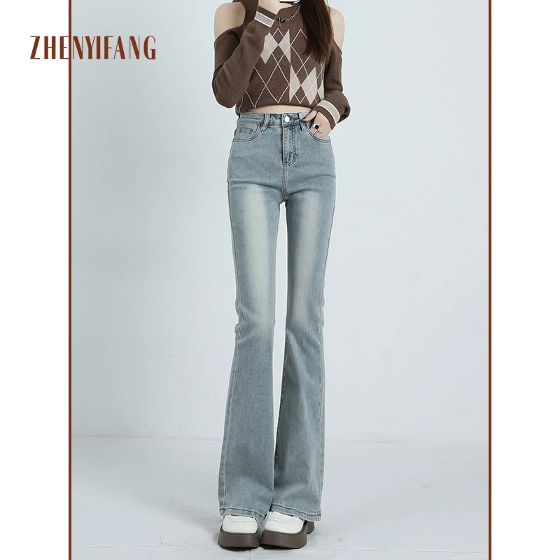 【甜豆专属}】真衣坊2025春季牛仔裤时尚水洗蓝复古高腰喇叭裤女