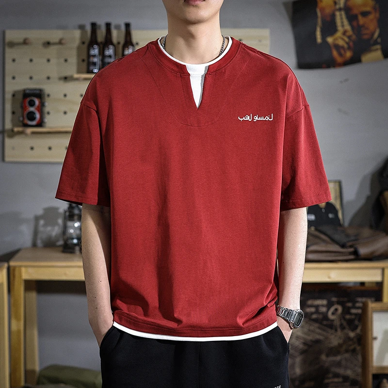 夏季新款假两件V领短袖T恤男美式休闲百搭印花上衣纯棉宽松体恤潮