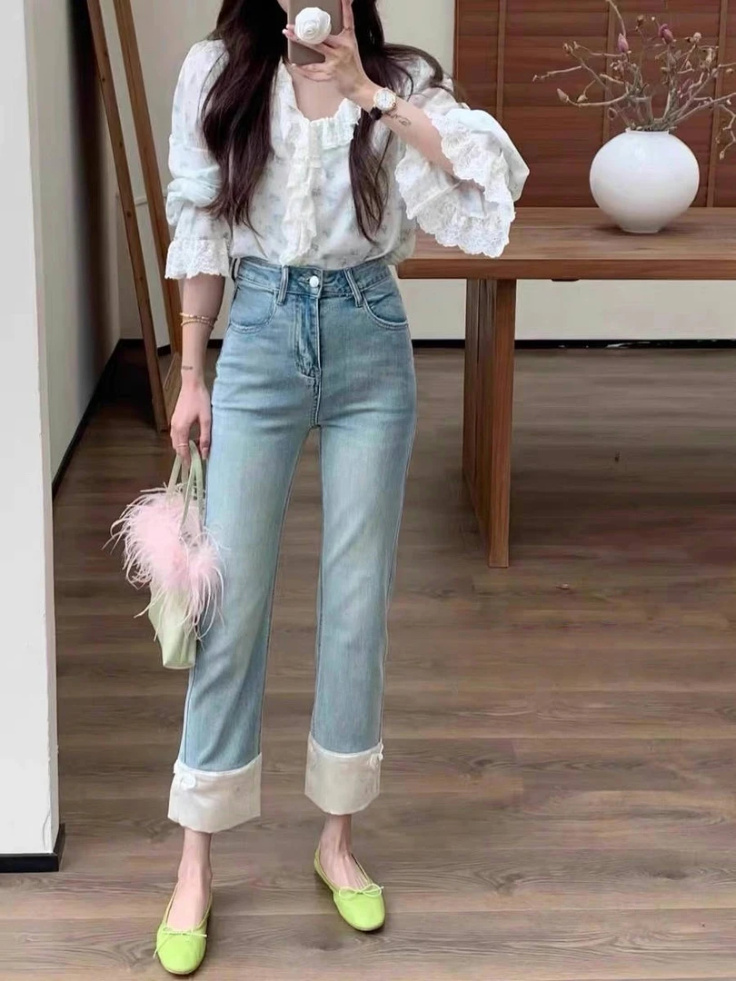 【9630】小个子国风个性显瘦时尚浅蓝色百搭烟管裤