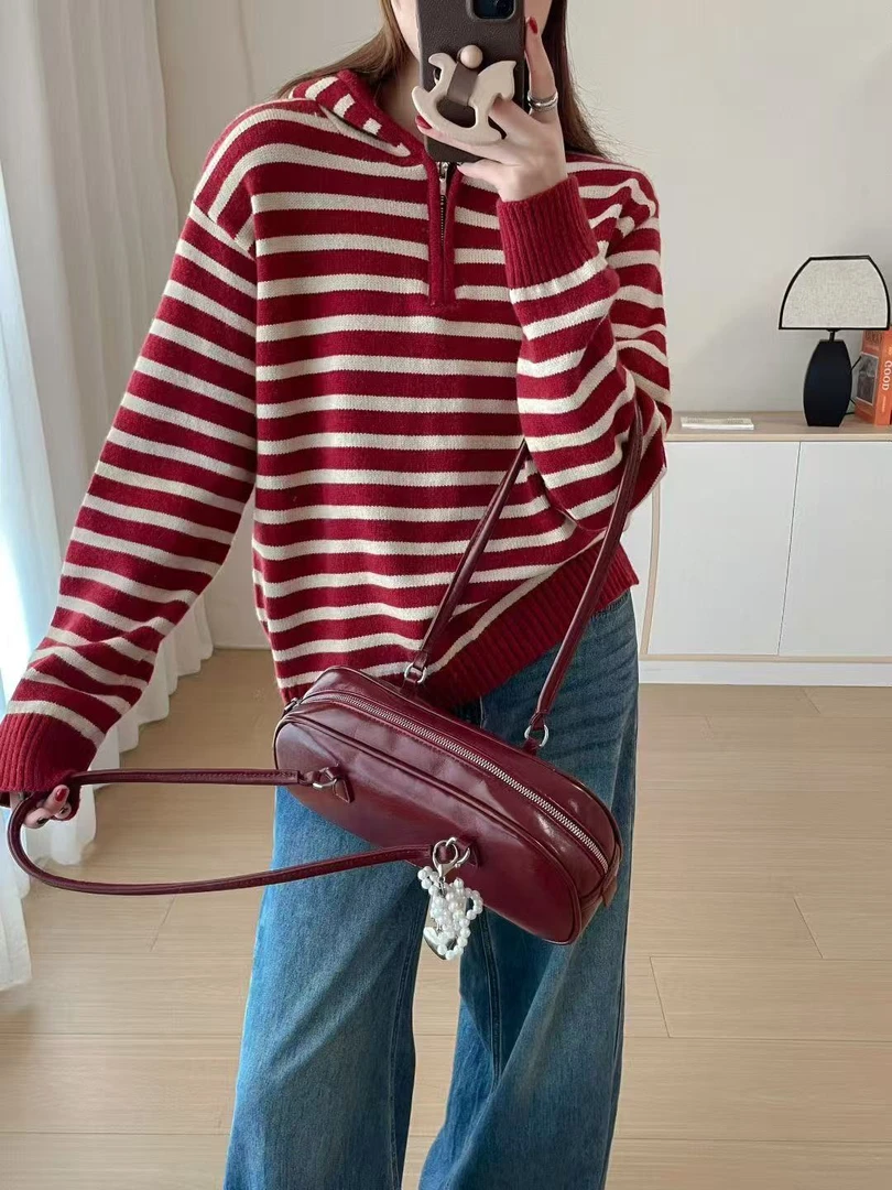 红色条纹北欧复古撞色半开领拉链连帽针织女简约通勤时尚百搭毛衣