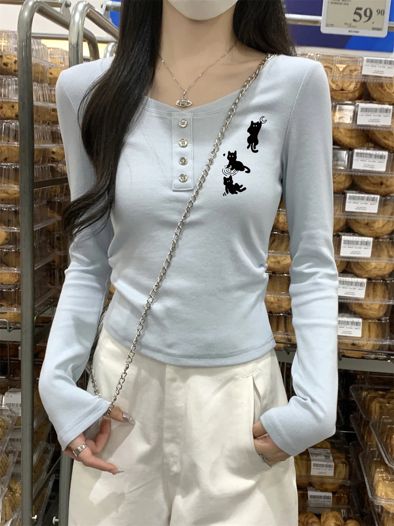 洋气韩版修身t恤女士时尚百搭春秋款褶皱收腰长袖打底衫纽扣上衣