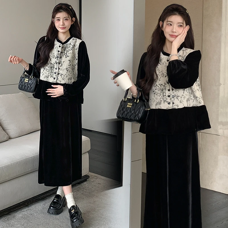 时髦孕妇装新款2025秋冬新款高定丝绒千金风上衣时尚半身裙两件套