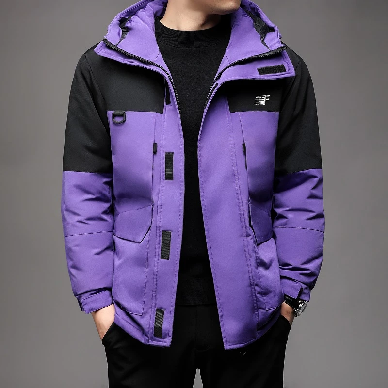 男士紫色羽绒服冬季新款浙江嘉兴高端时尚休闲白鸭绒连帽外套男装