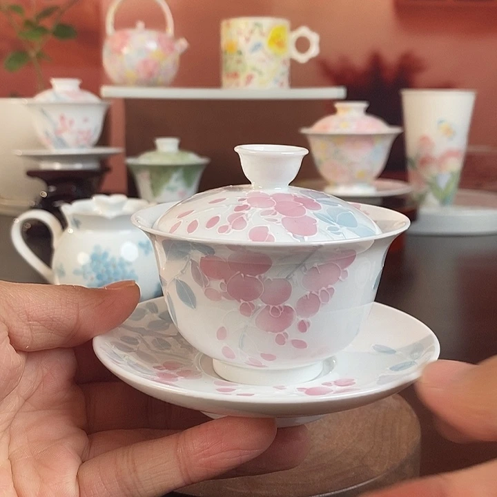 紫藤花盖碗釉下手绘高温