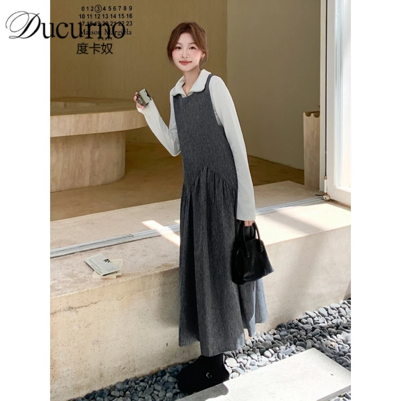 灰色叠穿背心连衣裙套装女2025秋新款韩系高级感打底衫长裙两件套