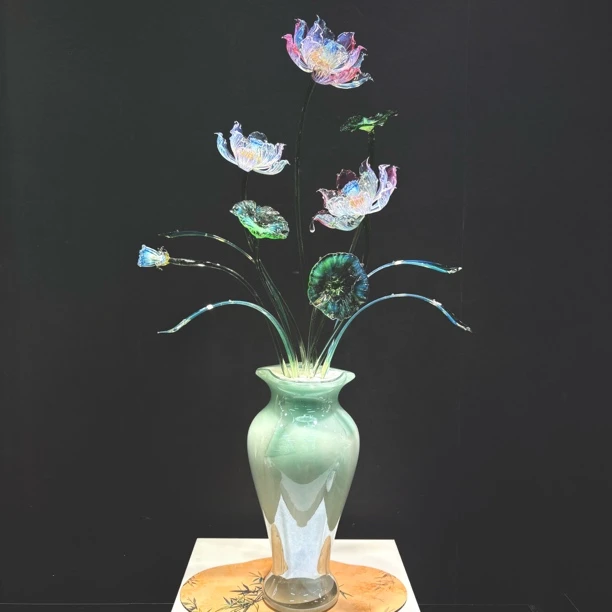 淄博琉璃【荷花】【七彩宝莲】纯手工中式客厅玄关桌面供佛入户摆件
