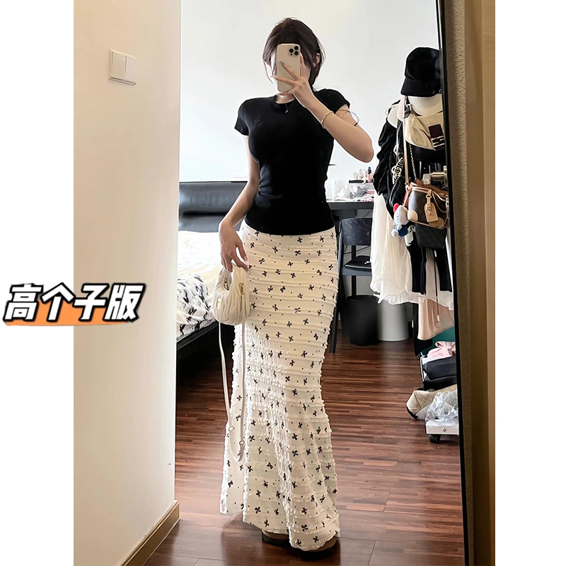 175高个子韩系蝴蝶结白色碎花半身裙女夏季2025新款包臀鱼尾长裙