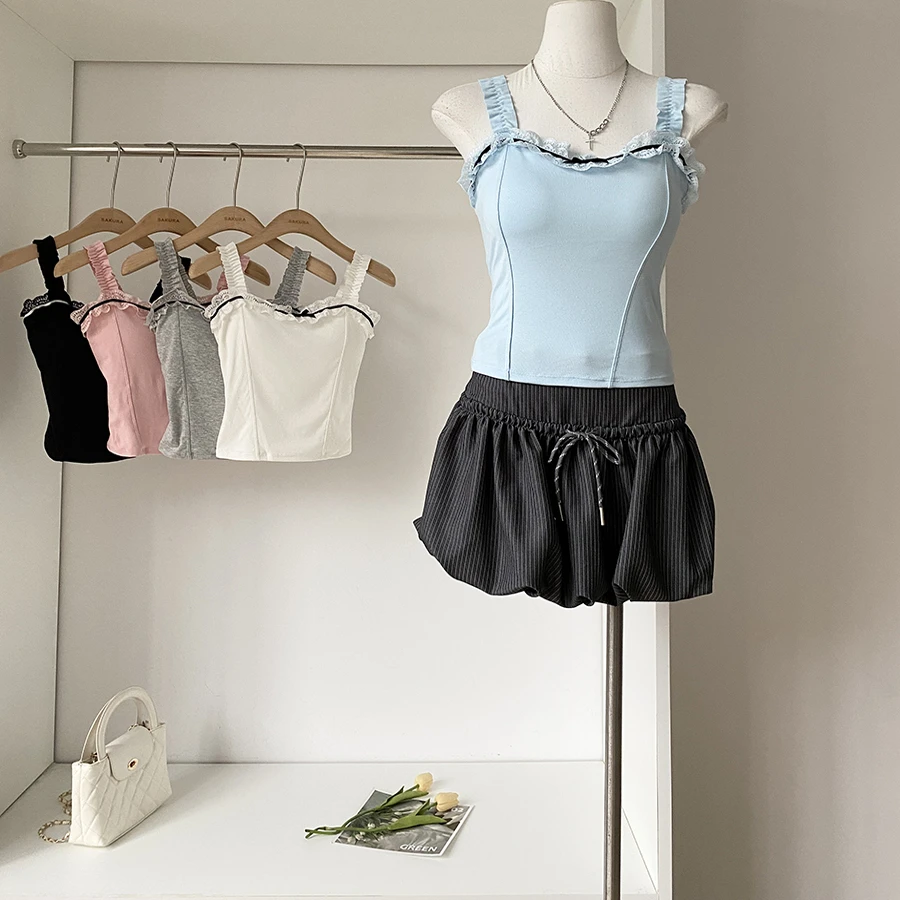 带胸垫木耳边蕾丝花边ins甜辣妹吊带女2025年夏季小清新修身上衣