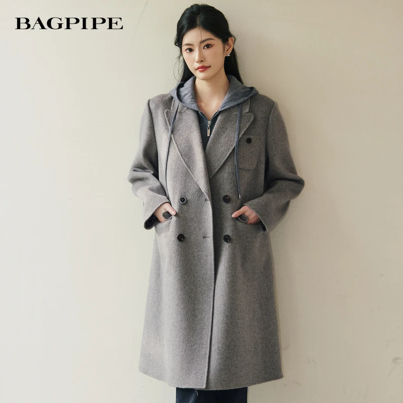 风笛2025冬季新款灰色双面羊毛大衣女中长款气质百搭毛呢长裤外套