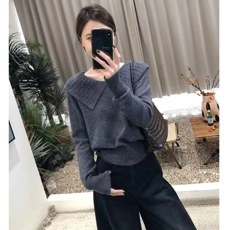 韩系复古俏皮2025时尚气质显瘦翻领毛衣百搭针织慵懒气质女士