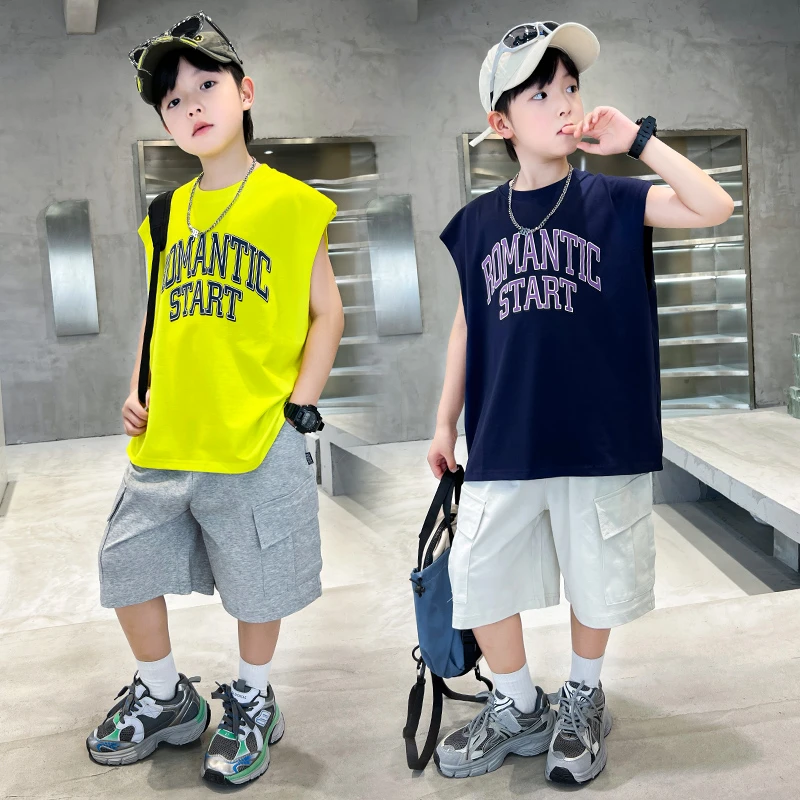 男童夏季薄款透气无袖套装2025新款运动洋气针织裤两件套篮球套装