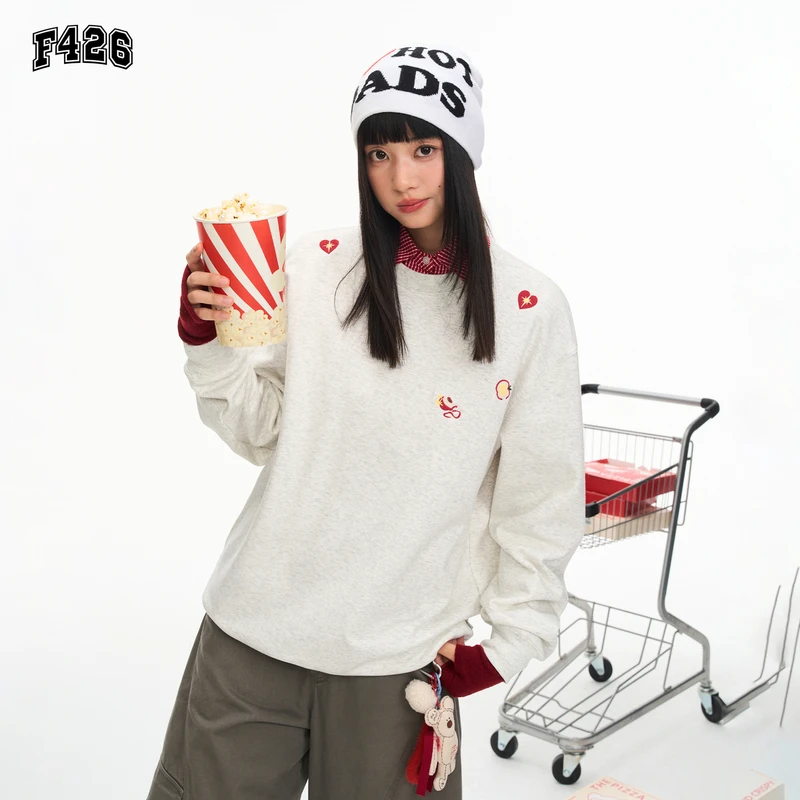 F426国潮牌秋季新款情侣美式休闲小苹果绣花圆领长袖卫衣套头7387